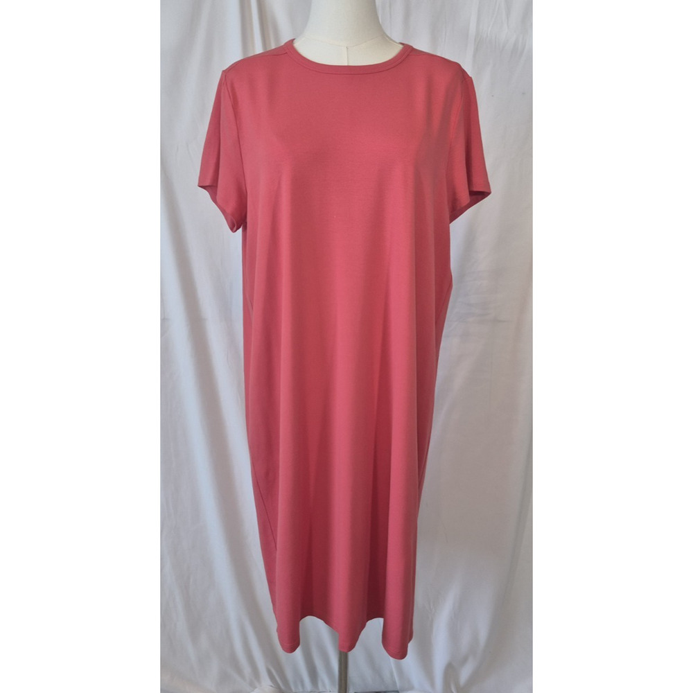 Eileen Fisher Crew Neck Knit Shift Tunic Dress in Coral Large